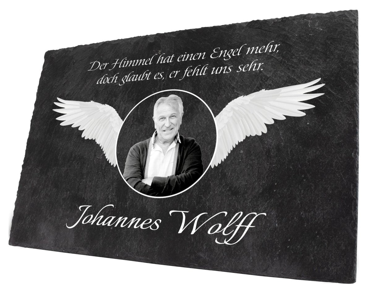 Gedenktafel Schiefer mit Foto und Engelsflügel M0101 - meinleinwand.de
