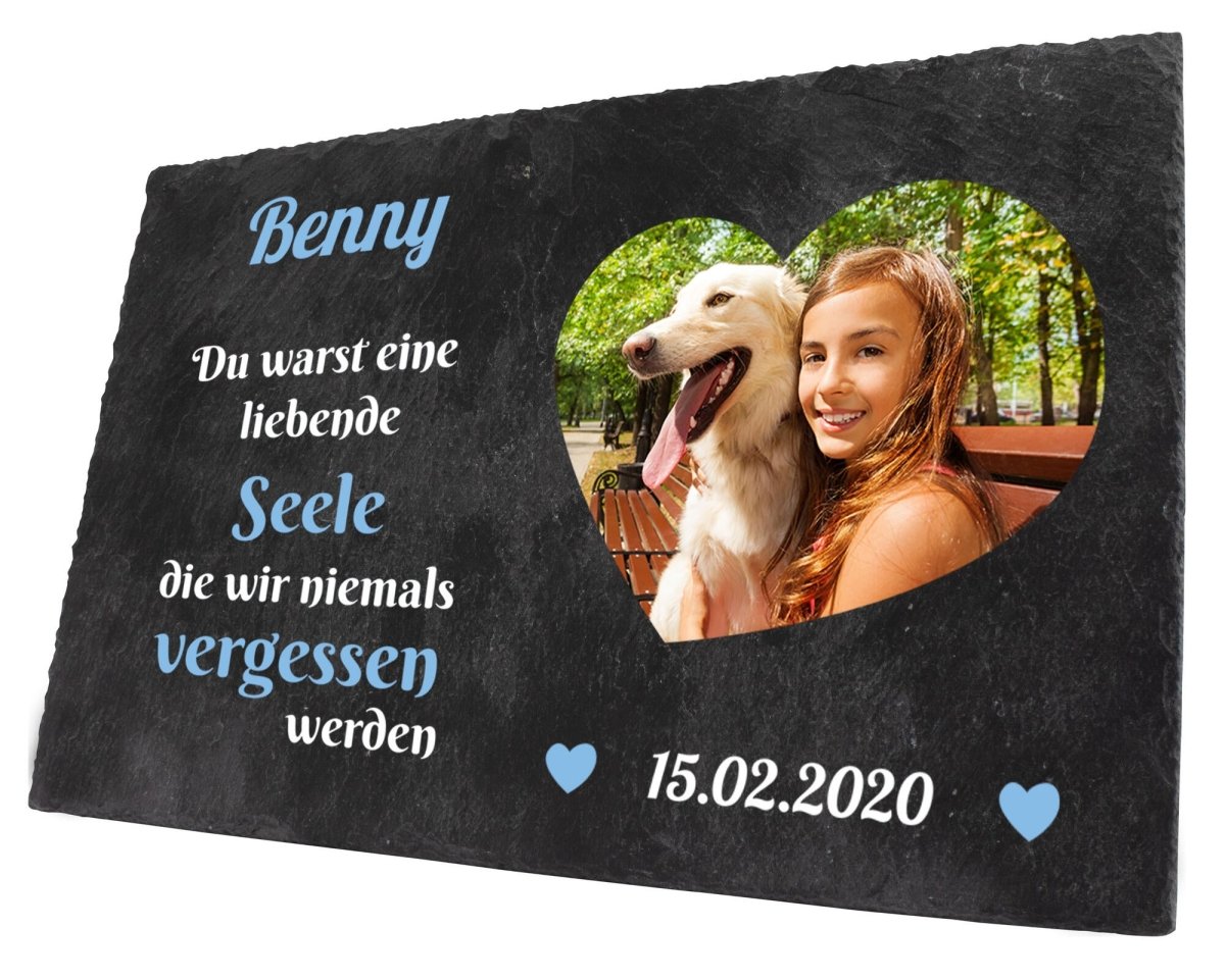 Gedenktafel für Tiere mit Foto Herz, Namen und Datum mit blauen Herzen M0254 - meinleinwand.de