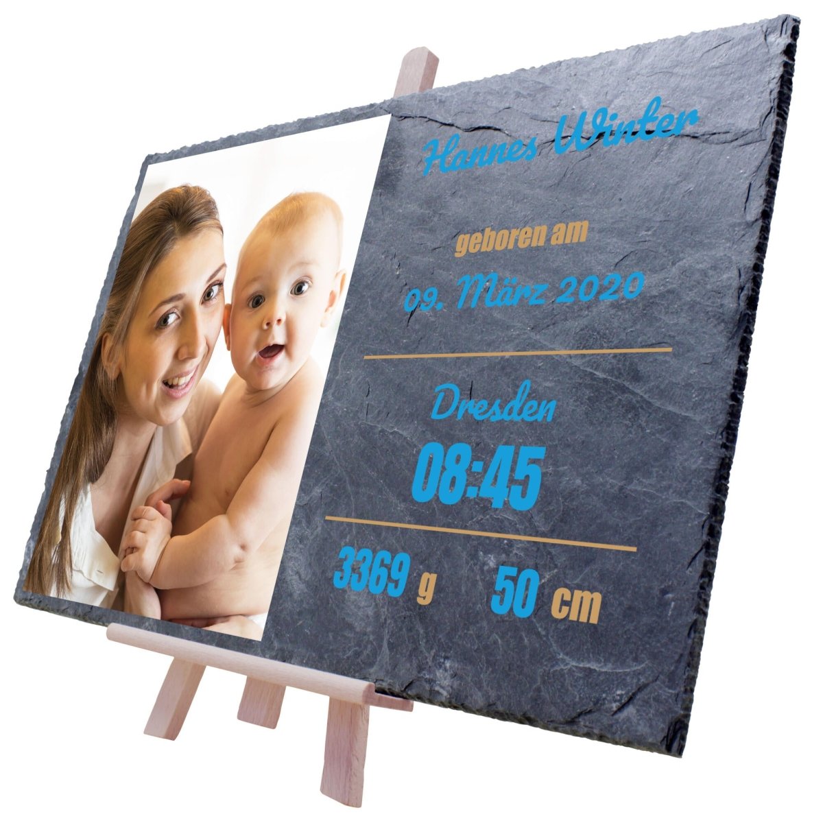 Schieferplatte Geburt mit Foto, Namen, Geburtsangaben und Geburtsort in Blau M0390 - meinleinwand.de