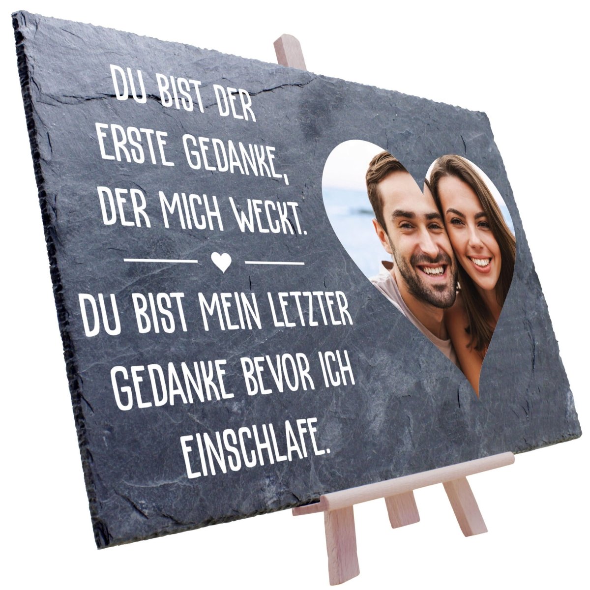 Schieferplatte mit Staffelei Fotoherz und Spruch M0017 - meinleinwand.de