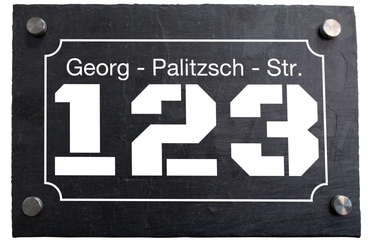 Hausnummer auf schieferplatte mit Umrandung "Straße und Hausnummer" M0051 - meinleinwand.de