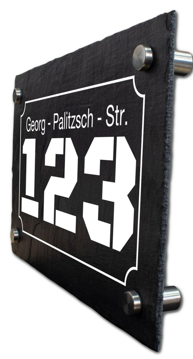 Hausnummer auf schieferplatte mit Umrandung "Straße und Hausnummer" M0051 - meinleinwand.de