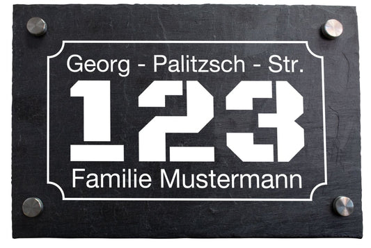 Hausnummer auf schieferplatte mit Umrandung "Hausnummer, Straßenname und Familienname" M0053 - meinleinwand.de
