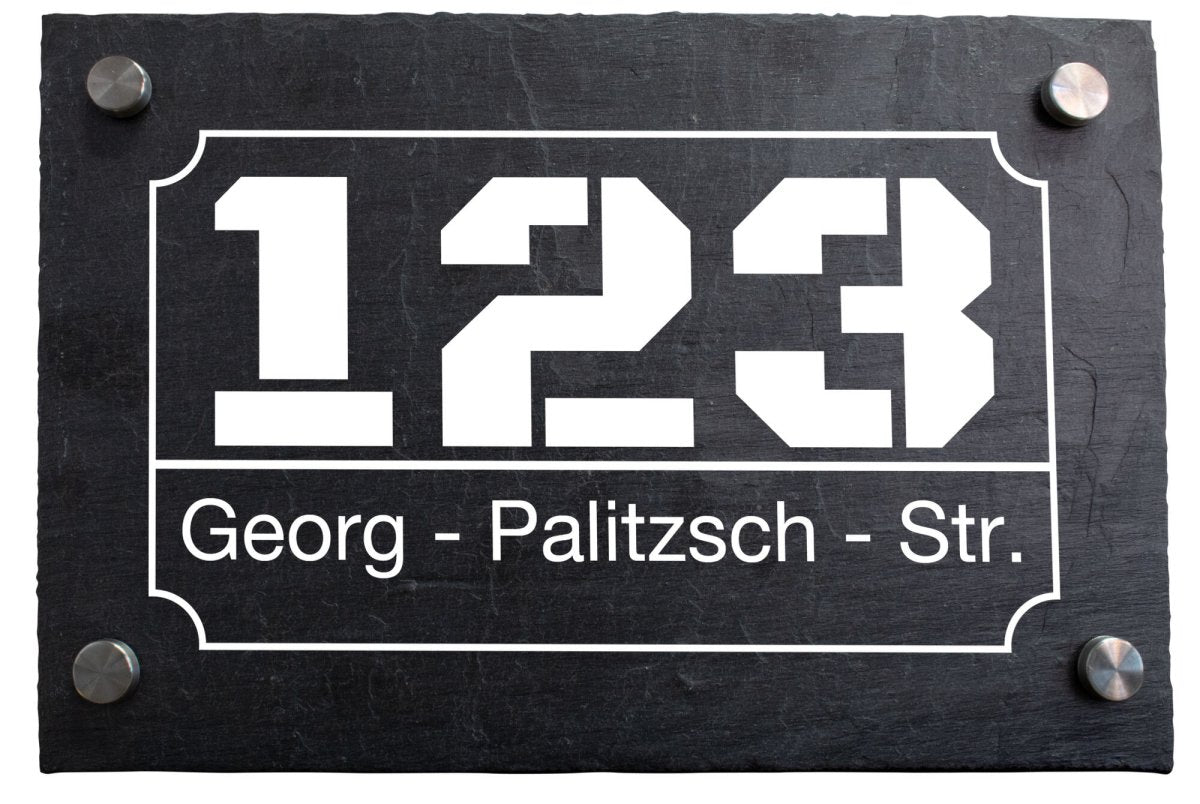 Hausnummer auf schieferplatte mit Umrandung "Hausnummer und Straßenname" M0054 - meinleinwand.de