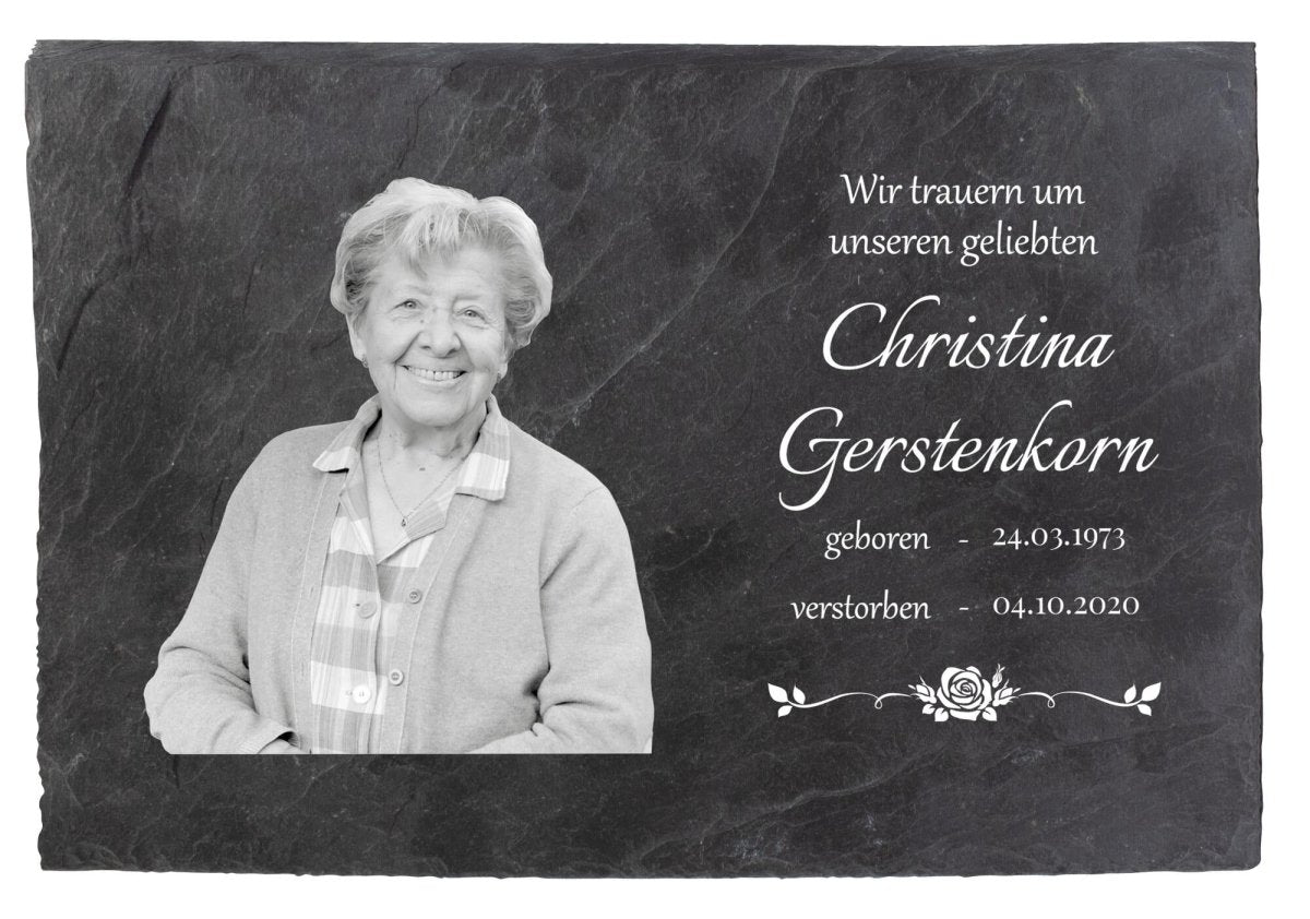 Gedenktafel Schiefer mit Foto Namen und Blumenranke M0094 - meinleinwand.de