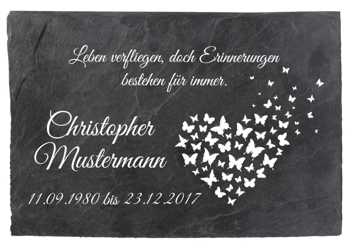 Gedenktafel Schiefer mit Namen und Herz mit Schmetterlingen M0107 - meinleinwand.de