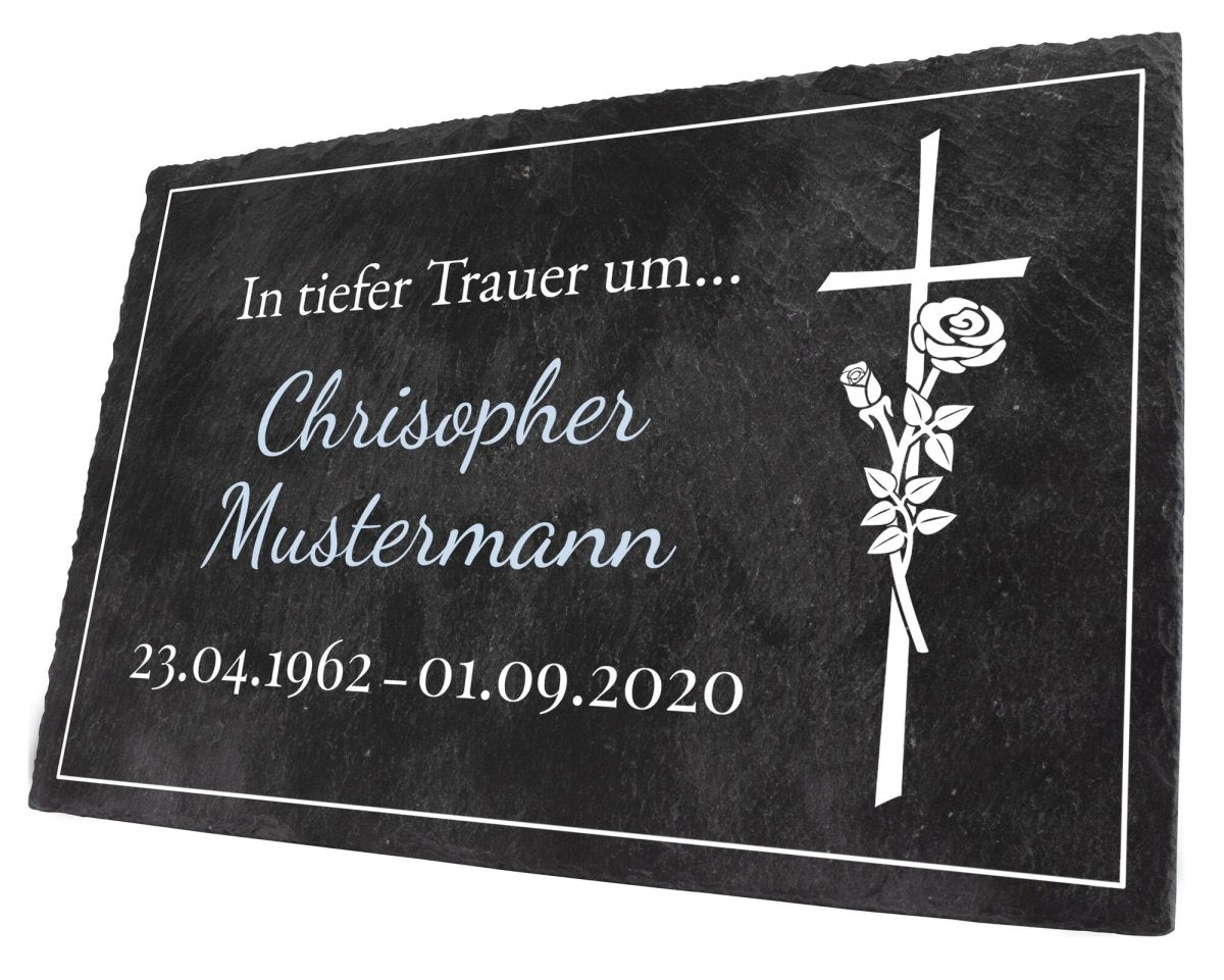 Gedenktafel Schiefer mit Namen und Kreuz mit Blume M0110 - meinleinwand.de
