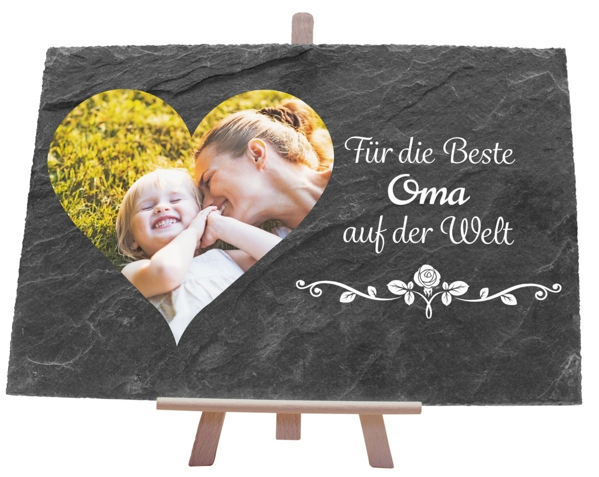Schiefertafel Beste Oma mit Herz Foto und Blumenranke M0120 - meinleinwand.de