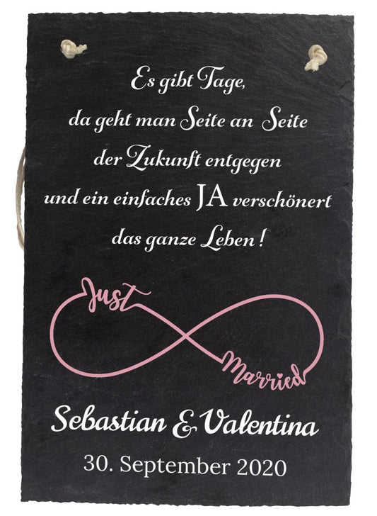 Schiefertafel mit Spruch Hochzeit und Unendlichkeitssymbol M0149 - meinleinwand.de