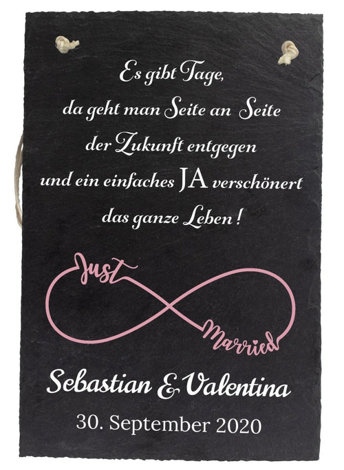 Schiefertafel mit Spruch Hochzeit und Unendlichkeitssymbol M0149 - meinleinwand.de