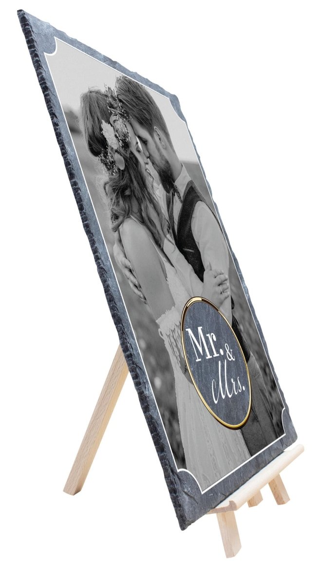 Schiefertafel Hochzeit Mr & Mrs, Ring und Bild M0194 - meinleinwand.de