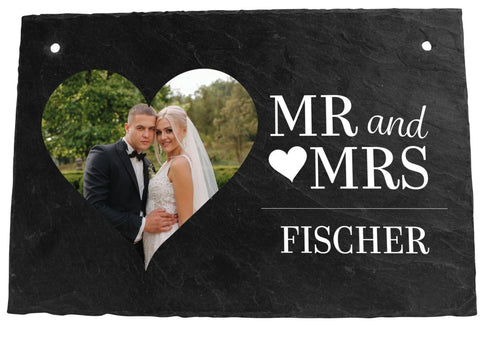 Schiefertafel Mr and Mrs mit Nachnamen und Foto Herz M0201 - meinleinwand.de