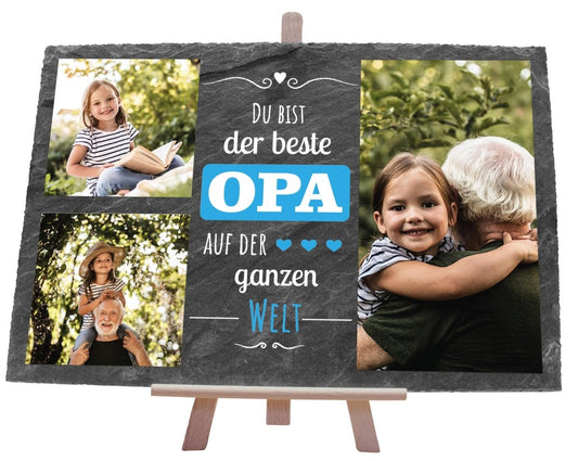 Schiefertafel Bester Opa Collage in Blau M0219 - meinleinwand.de