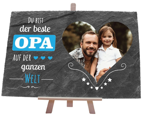 Schiefertafel Bester Opa auf der Welt mit Foto Herz und Verzierung M0227 - meinleinwand.de