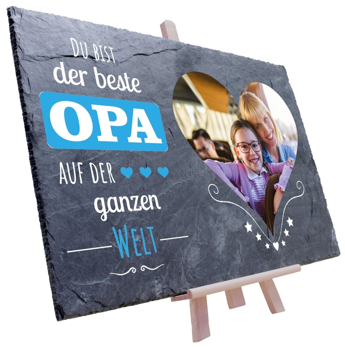 Schiefertafel Bester Opa auf der Welt mit Foto Herz und Verzierung M0227 - meinleinwand.de