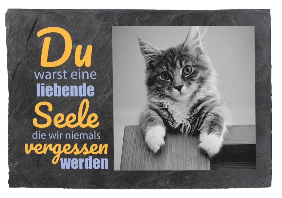Gedenktafel für Tiere mit Bild Schwarz/Weiss und Spruch in Gelb M0239 - meinleinwand.de