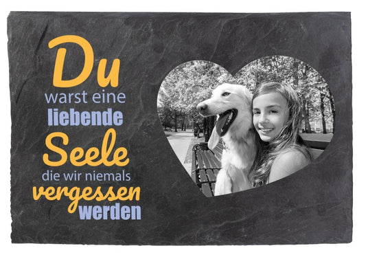 Gedenktafel für Tiere mit Foto Herz Schwarz/Weiss und Spruch in Gelb M0241 - meinleinwand.de