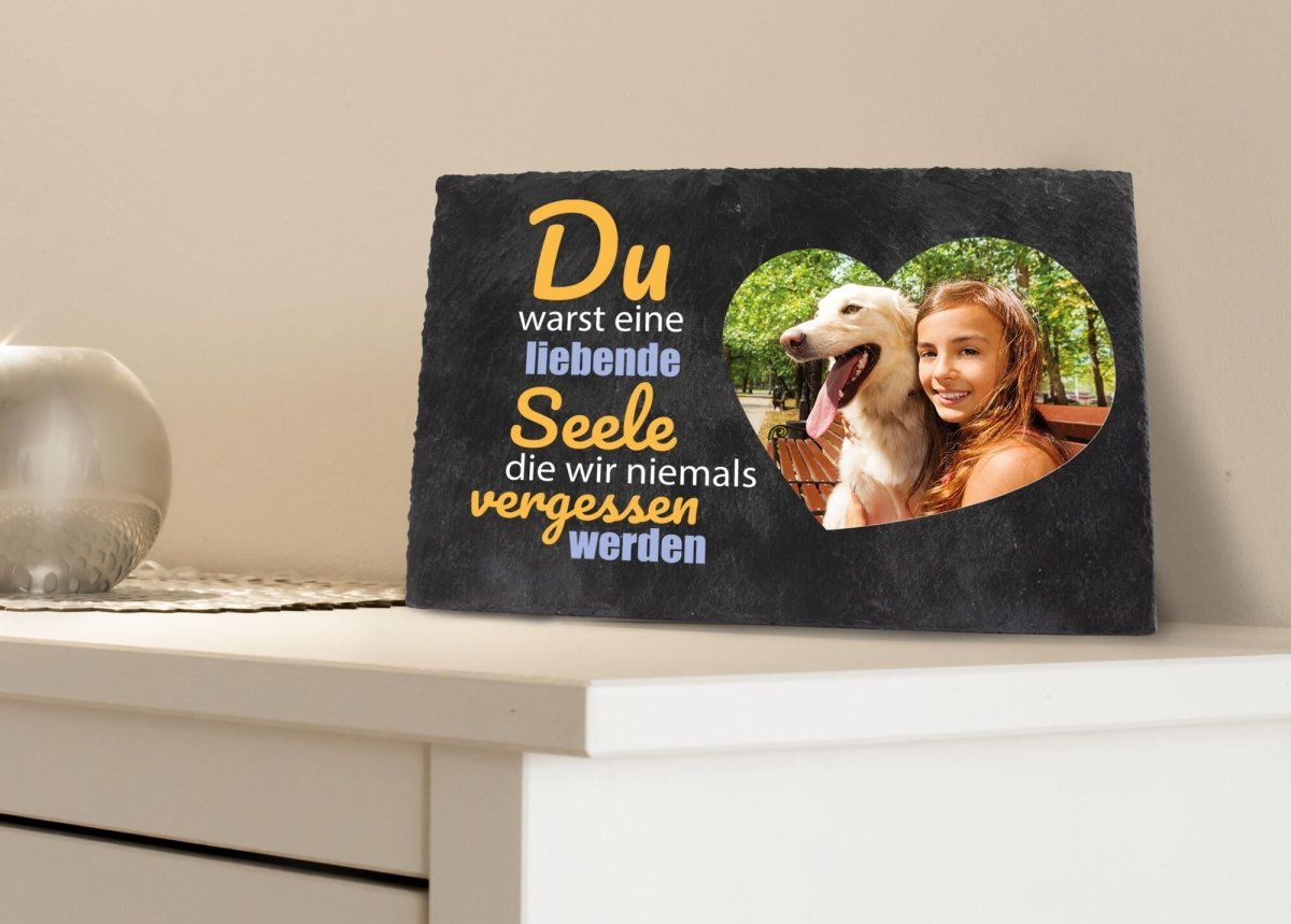 Gedenktafel für Tiere mit Foto Herz und Spruch in Gelb M0247 - meinleinwand.de