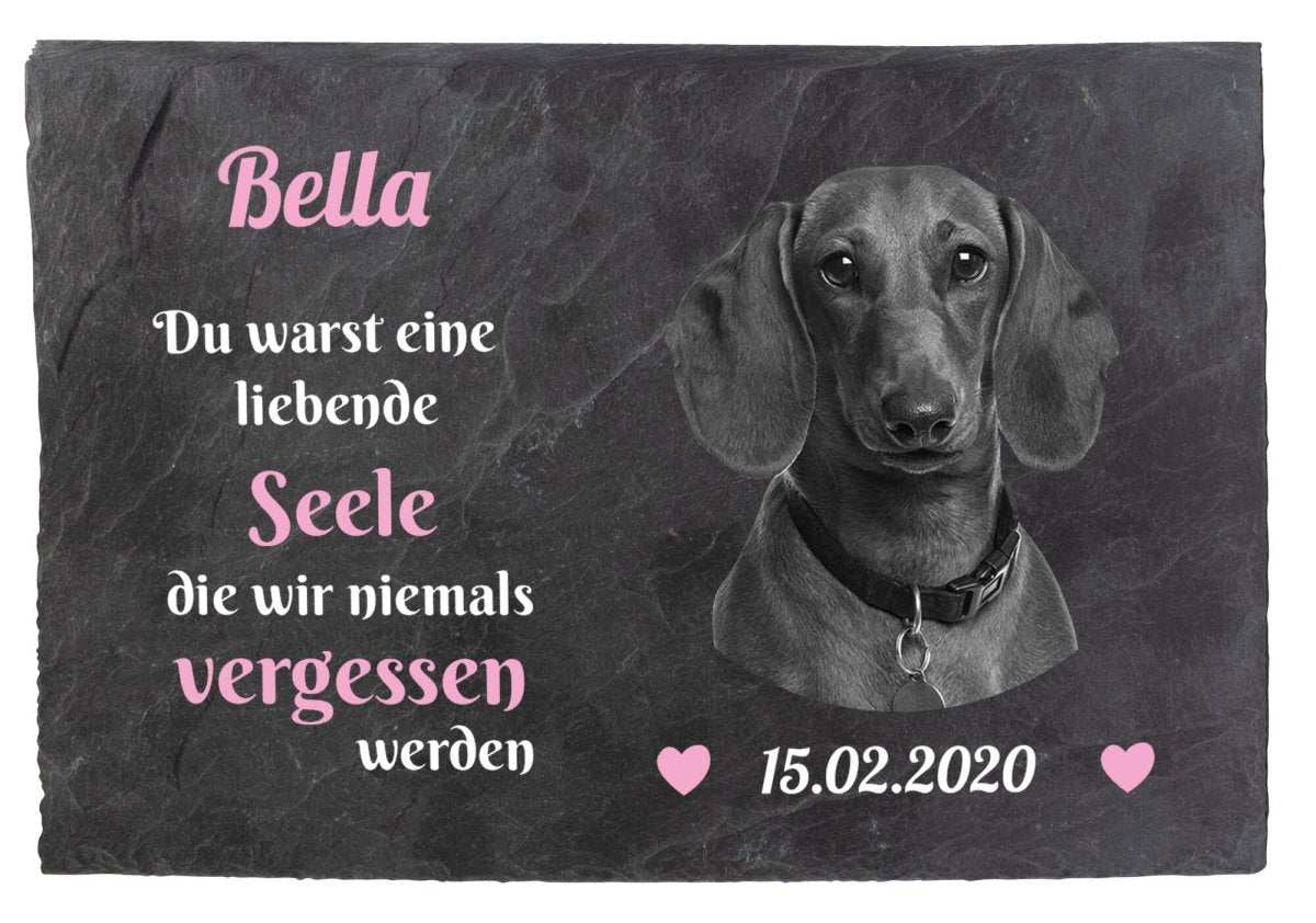 Gedenktafel für Tiere mit Bildausschnitt Schwarz/Weiss, Namen und Datum in Rosa M0252 - meinleinwand.de
