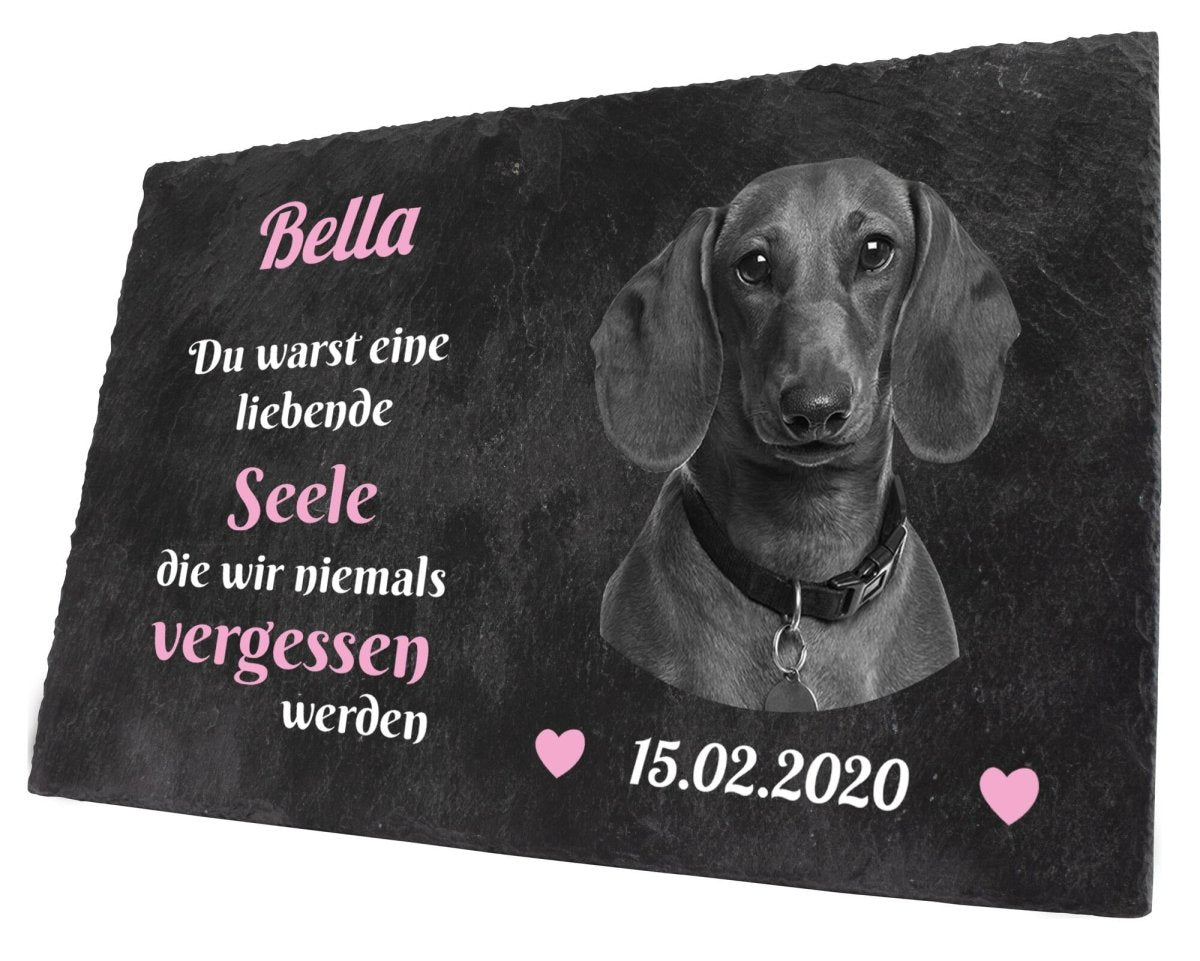 Gedenktafel für Tiere mit Bildausschnitt Schwarz/Weiss, Namen und Datum in Rosa M0252 - meinleinwand.de