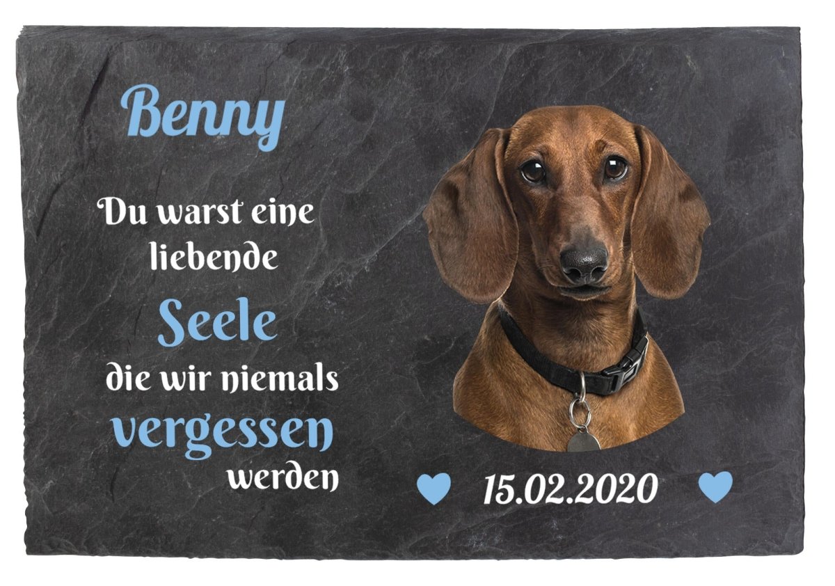 Gedenktafel für Tiere mit Bildausschnitt, Namen und Datum in Blau M0255 - meinleinwand.de