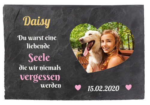 Gedenktafel für Tiere mit Foto Herz, Namen und Datum in Rosa und Weiss M0257 - meinleinwand.de