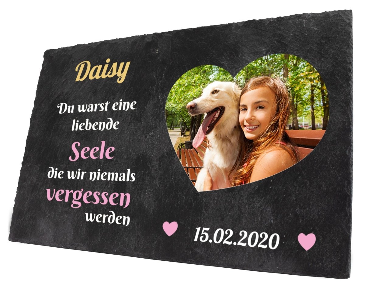 Gedenktafel für Tiere mit Foto Herz, Namen und Datum in Rosa und Weiss M0257 - meinleinwand.de