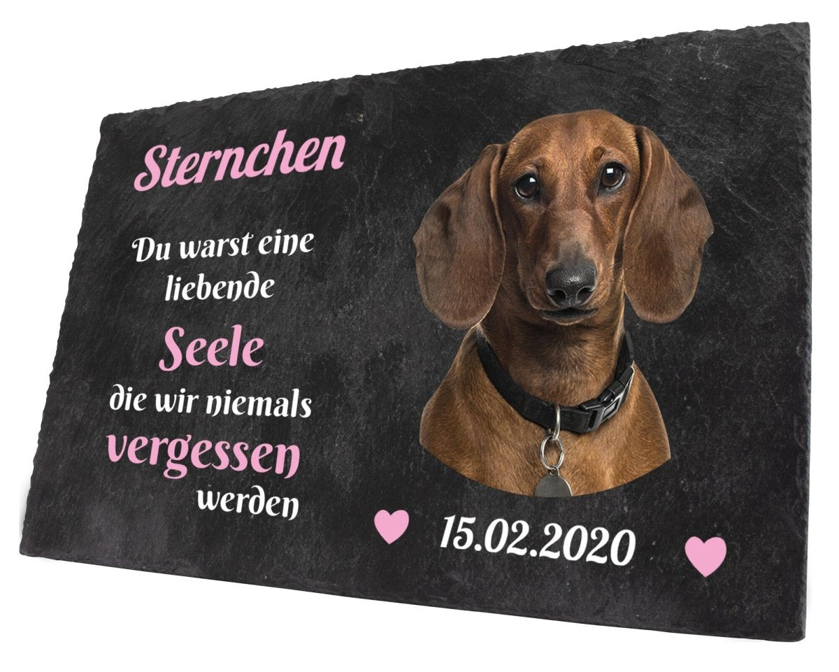 Gedenktafel für Tiere mit Bildausschnitt, Namen und Datum mit Herzen in Rosa M0258 - meinleinwand.de