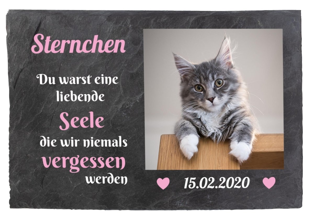 Gedenktafel für Tiere mit Foto, Namen und Datum mit Herzen in Rosa M0259 - meinleinwand.de