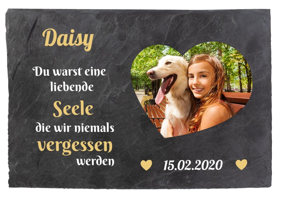 Gedenktafel für Tiere mit Foto Herz, Namen und Datum in Gelb und Weiss M0260 - meinleinwand.de