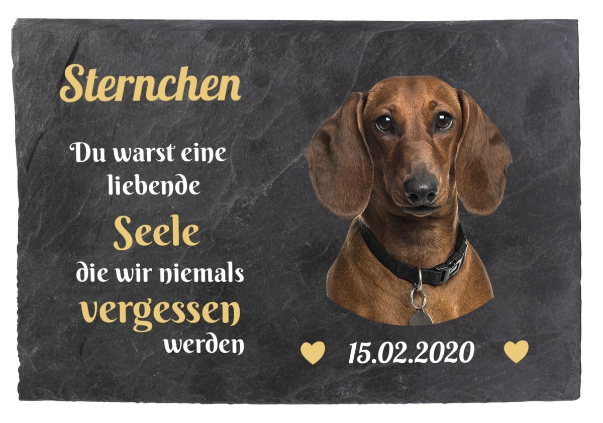 Gedenktafel für Tiere mit Bildausschnitt, Namen und Datum mit Herzen in Gelb M0261 - meinleinwand.de