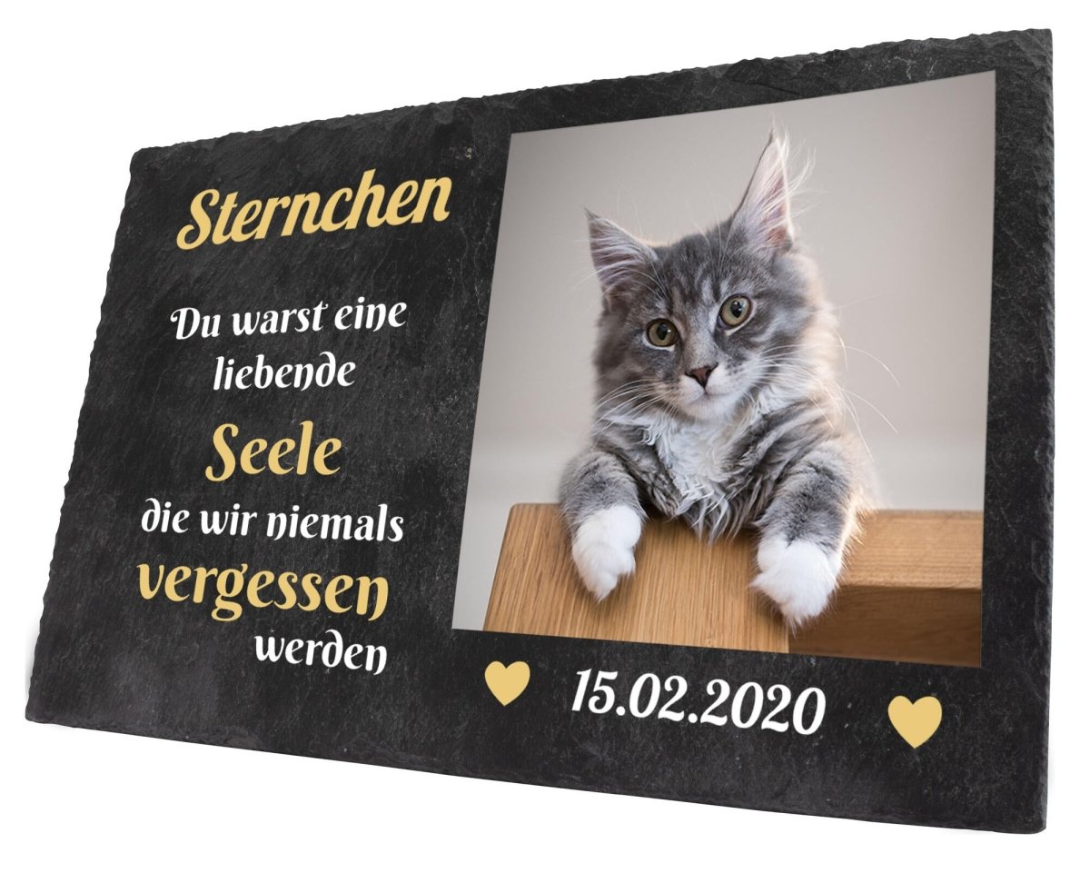 Gedenktafel für Tiere mit Foto, Namen und Datum mit Herzen in Gelb M0262 - meinleinwand.de
