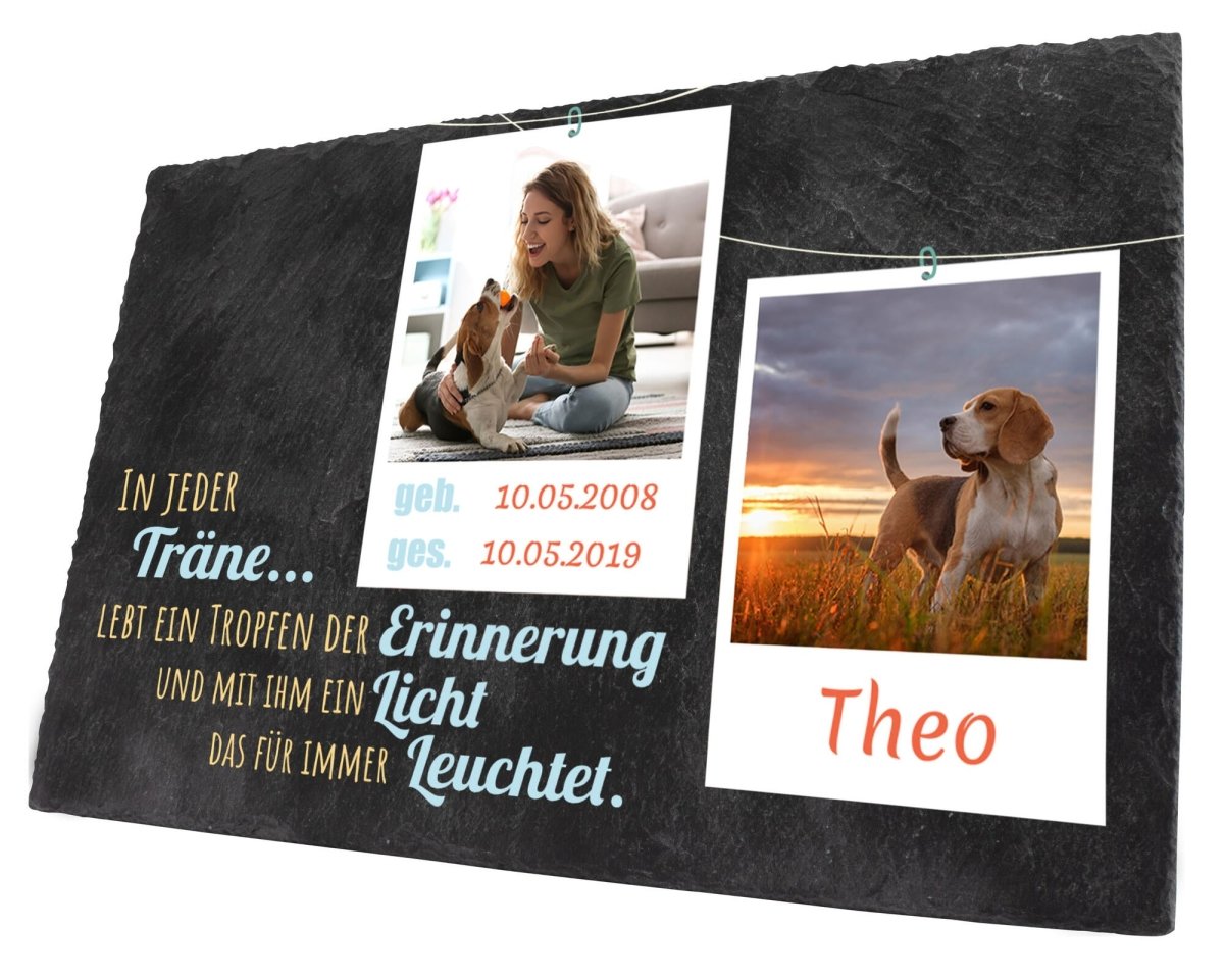 Gedenktafel für Tiere mit Polariodbildern, Spruch, Namen und Datum M0263 - meinleinwand.de