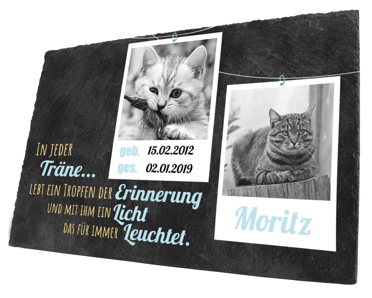 Gedenktafel für Tiere mit Polariodbildern in Schwarz/Weiss, Spruch, Namen und Datum in Blau M0267 - meinleinwand.de