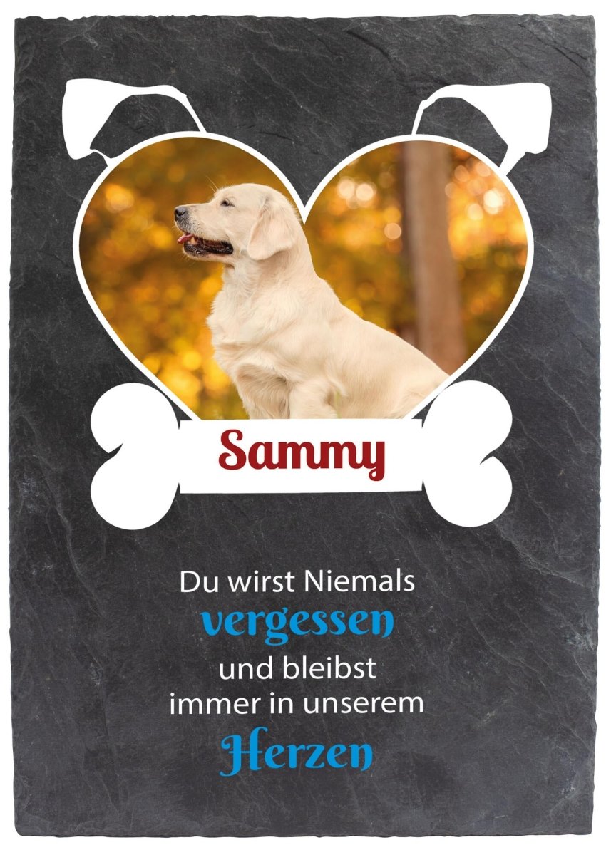 Gedenktafel für Hunde mit Foto Herz, und Knochen mit Namen M0271 - meinleinwand.de