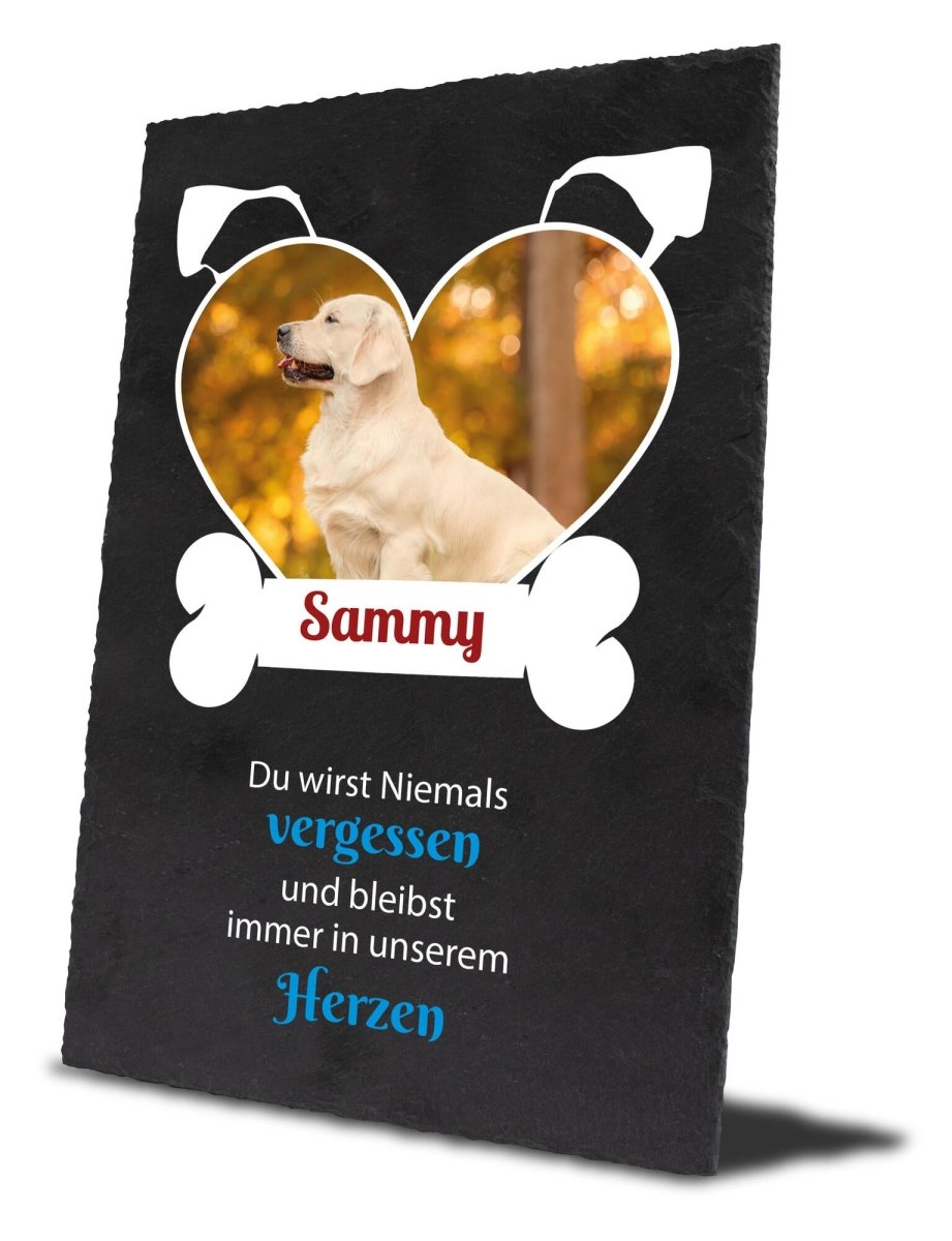 Gedenktafel für Hunde mit Foto Herz, und Knochen mit Namen M0271 - meinleinwand.de