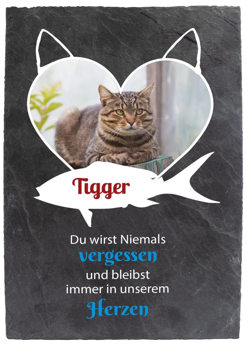 Gedenktafel für Katzen mit Foto Herz, Katzenohren und Fisch mit Namen M0272 - meinleinwand.de