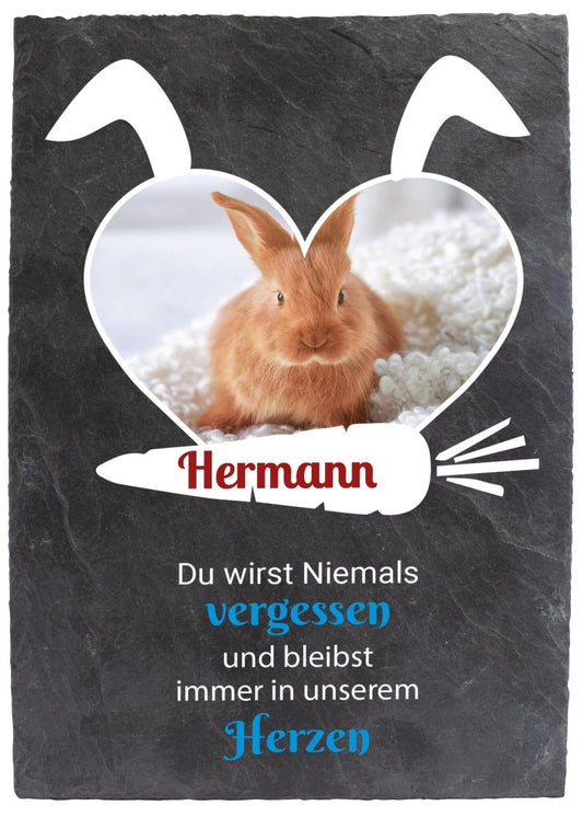 Gedenktafel für Hasen mit Foto Herz, Hasenohren und Karotte mit Namen M0273 - meinleinwand.de