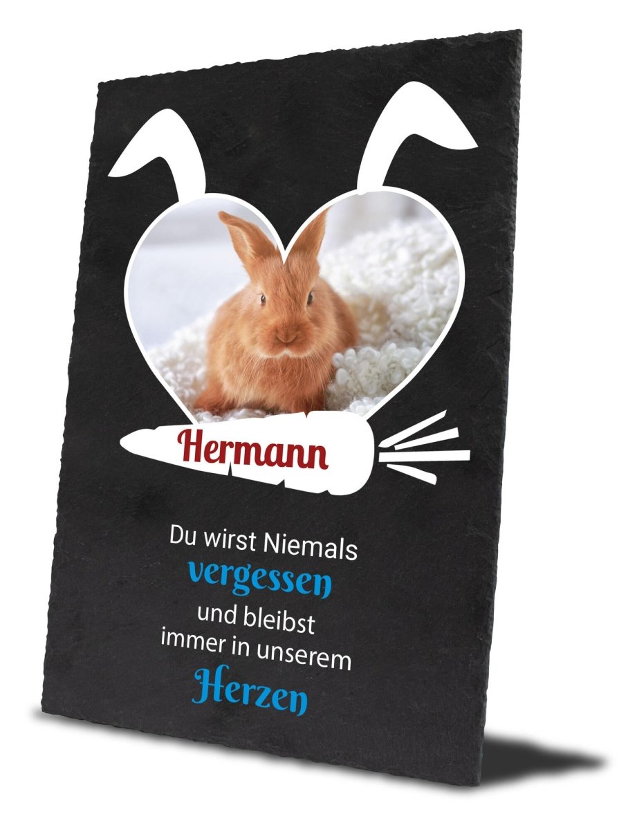 Gedenktafel für Hasen mit Foto Herz, Hasenohren und Karotte mit Namen M0273 - meinleinwand.de