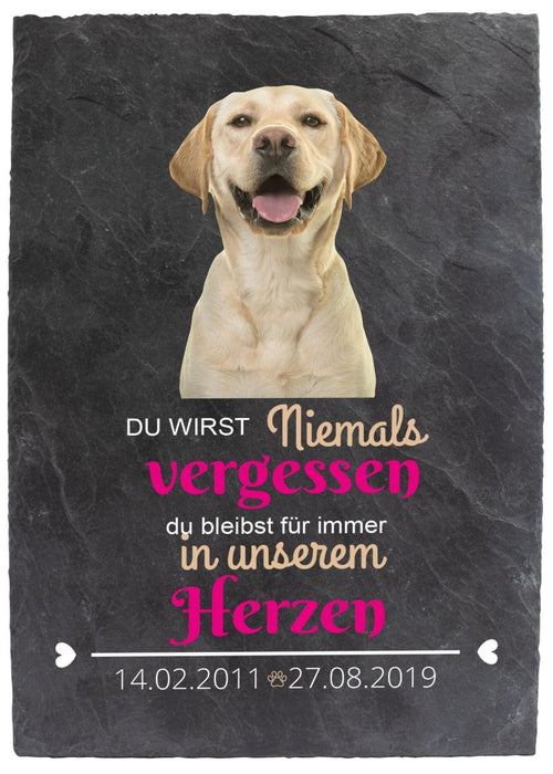 Gedenktafel für Tiere mit Bildausschnitt, Spruch und Datum in Pink M0275 - meinleinwand.de