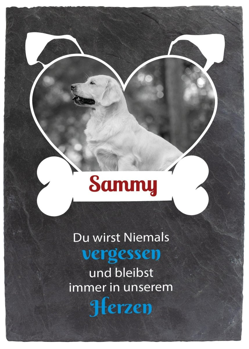 Gedenktafel für Hunde mit Foto Herz in Schwarz/Weiss, und Knochen mit Namen M0276 - meinleinwand.de