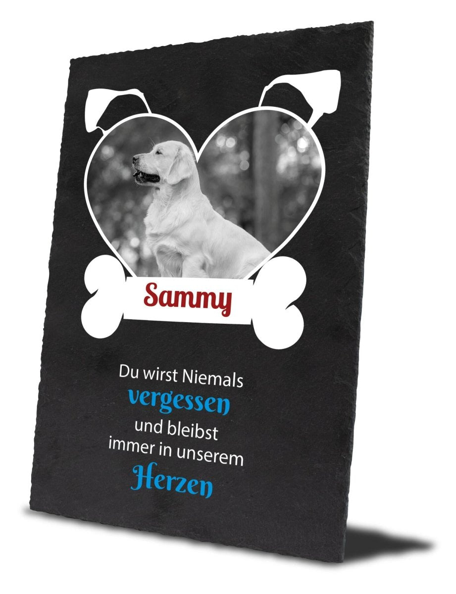 Gedenktafel für Hunde mit Foto Herz in Schwarz/Weiss, und Knochen mit Namen M0276 - meinleinwand.de