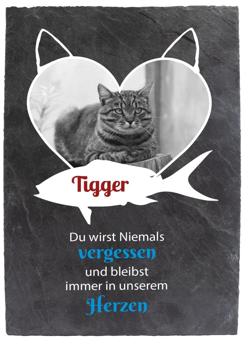 Gedenktafel für Katzen mit Foto Herz in Schwarz/Weiss, Katzenohren und Fisch mit Namen M0277 - meinleinwand.de
