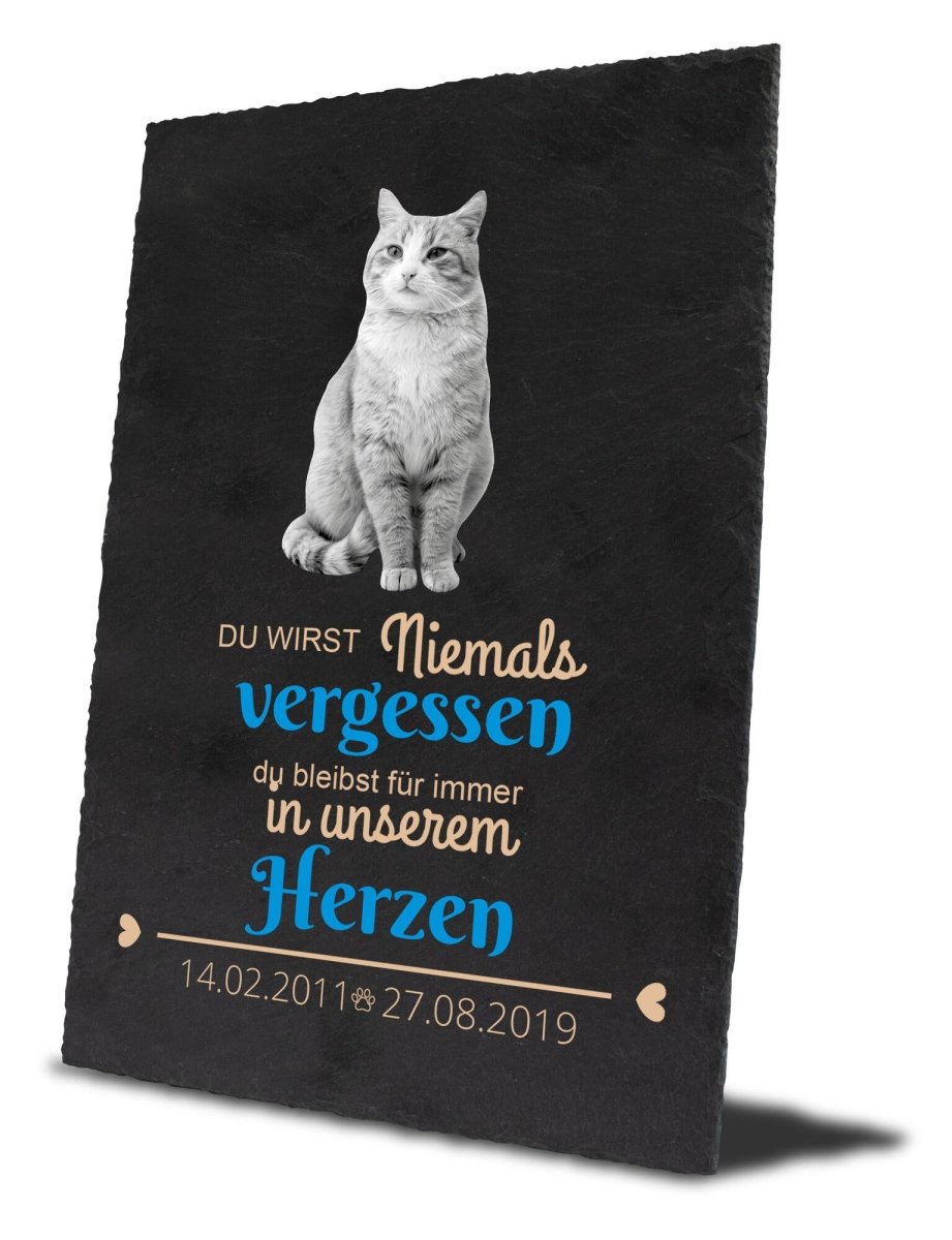 Gedenktafel für Tiere mit Bildausschnitt in Schwarz/Weiss, Spruch und Datum in Blau M0279 - meinleinwand.de