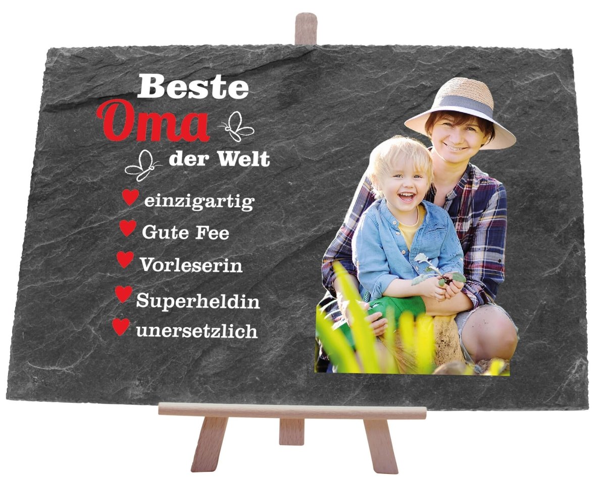 Schiefertafel Beste Oma mit Bildausschnitt und roten Herzen M0289 - meinleinwand.de