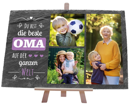 Schiefertafel Beste Oma auf der ganzen Welt mit Spruch und Bildercollage M0293 - meinleinwand.de
