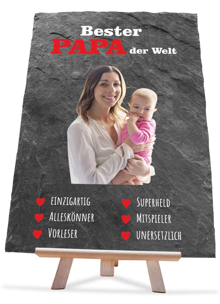 Schiefertafel Bester Papa mit Bildausschnitt und Herzen in Rot M0311 - meinleinwand.de
