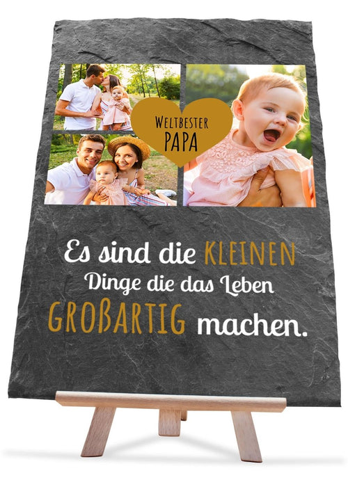 Schiefertafel Weltbester Papa mit Bildercollage, Spruch und Herz in Gelb M0314 - meinleinwand.de