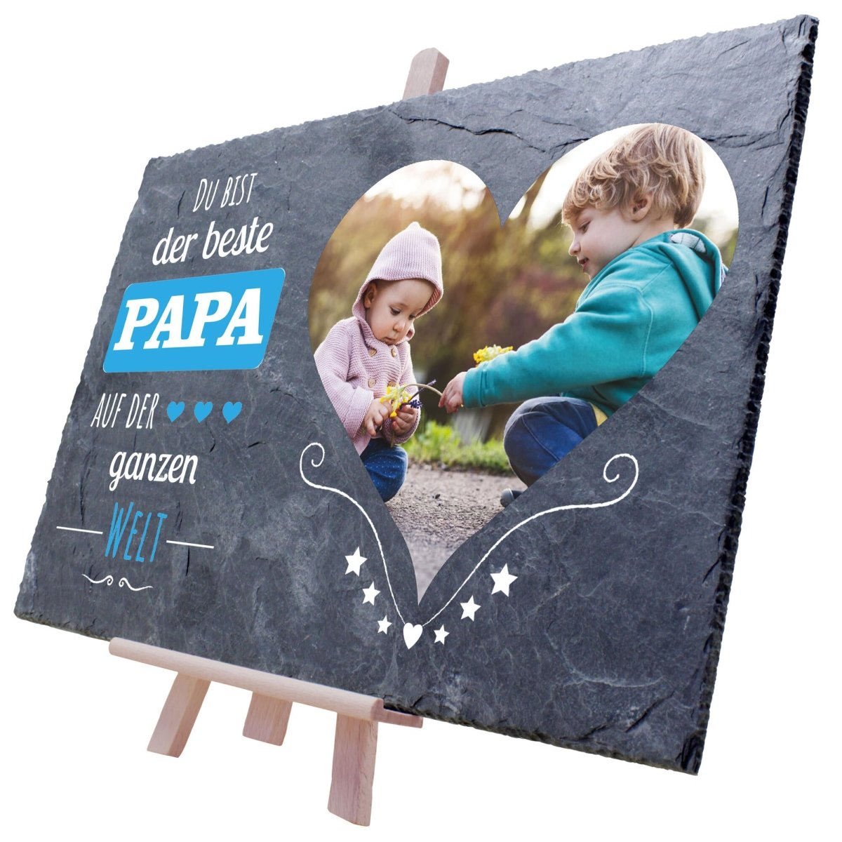 Schiefertafel Bester Papa auf der Welt mit Foto Herz und Verzierung M0321 - meinleinwand.de