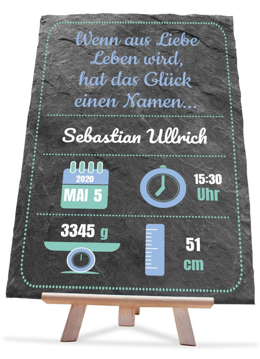 Schiefertafel Geburt mit Größe, Gewicht, Uhrzeit und Datum in Blau M0368 - meinleinwand.de